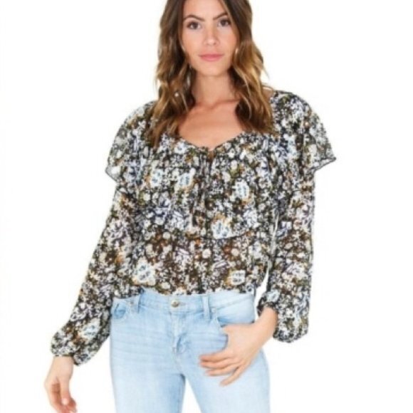 free people‎ bodysuit floral lace trim Ruched cuff - Picture 1 of 10